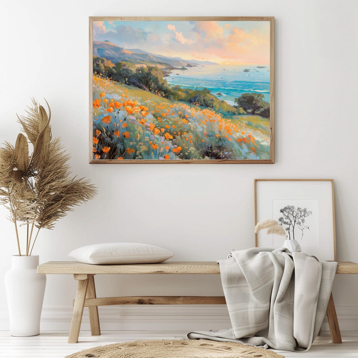 California Poppy Field Hillside Ocean Sunset Coastal Landscape Poster - Image 2