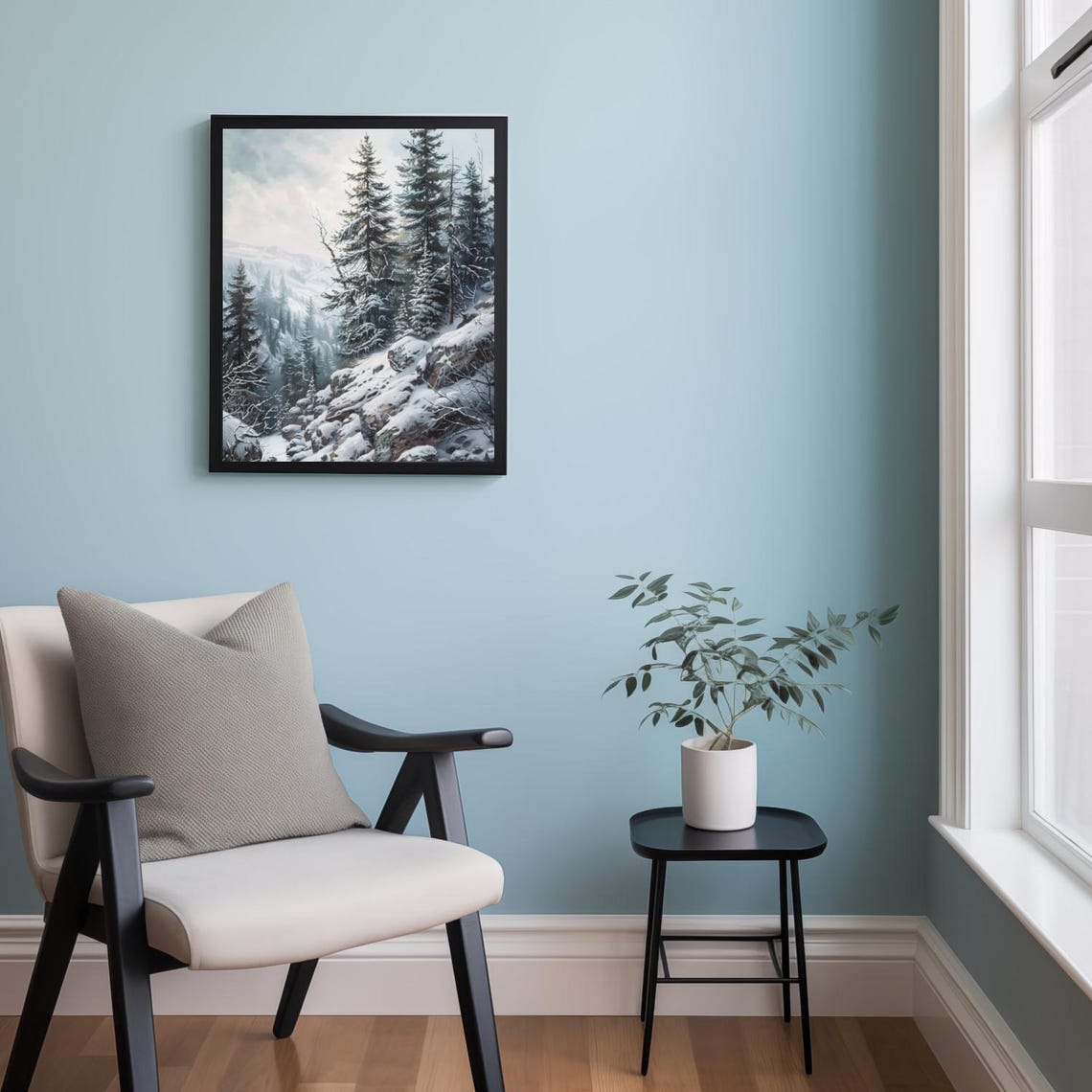 Moody Winter Mountain Pine Forest with Snowy Cliffs Landscape Poster - Image 2