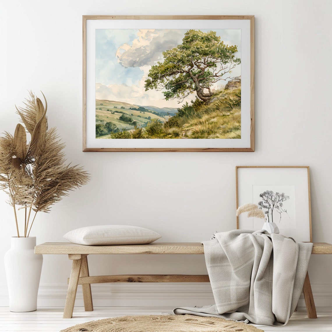Windswept Tree on Grassy Hillside Above the Valley Art Poster - Image 2