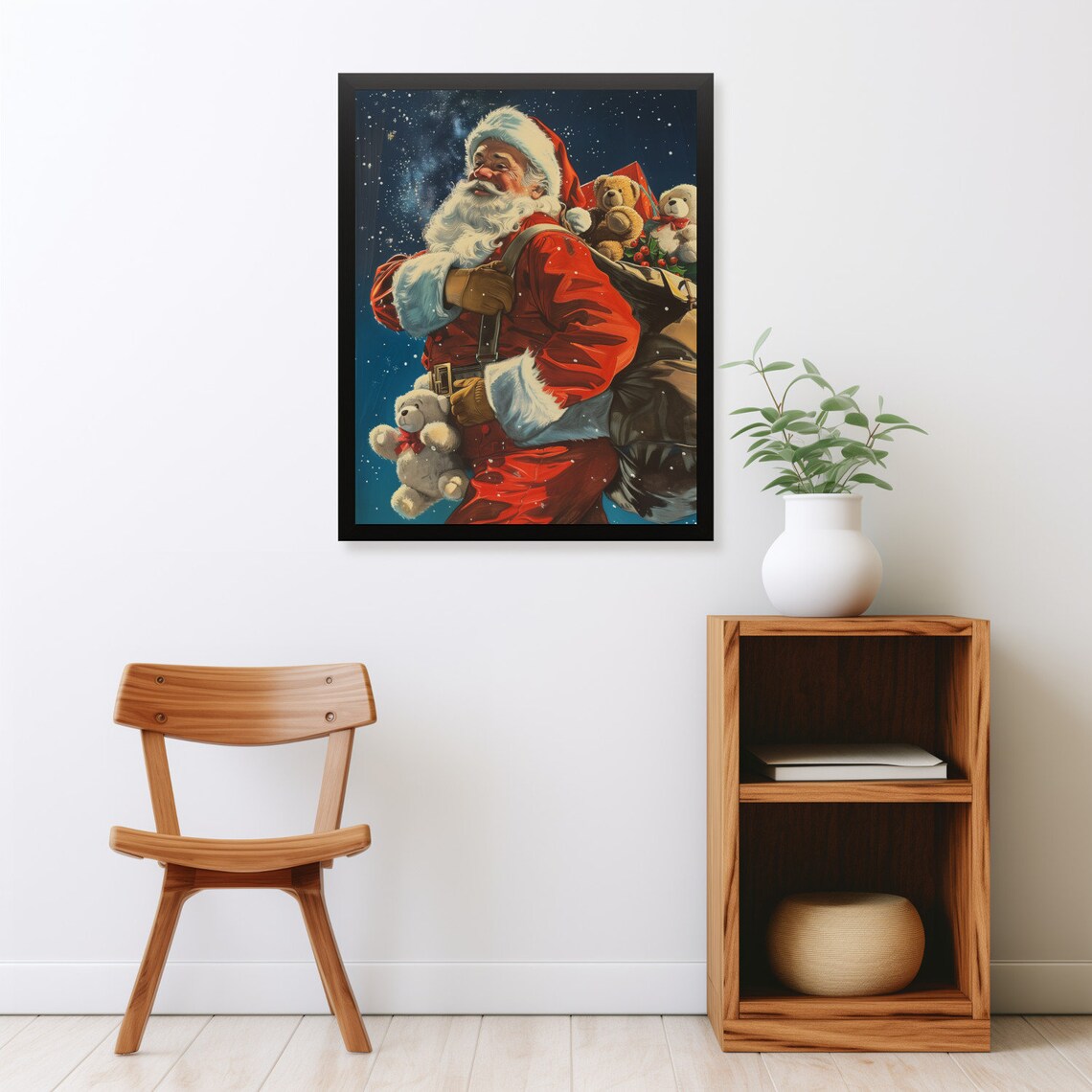 Santa Claus with Toy Sack Teddy Bears Starry Night Christmas Poster - Image 2