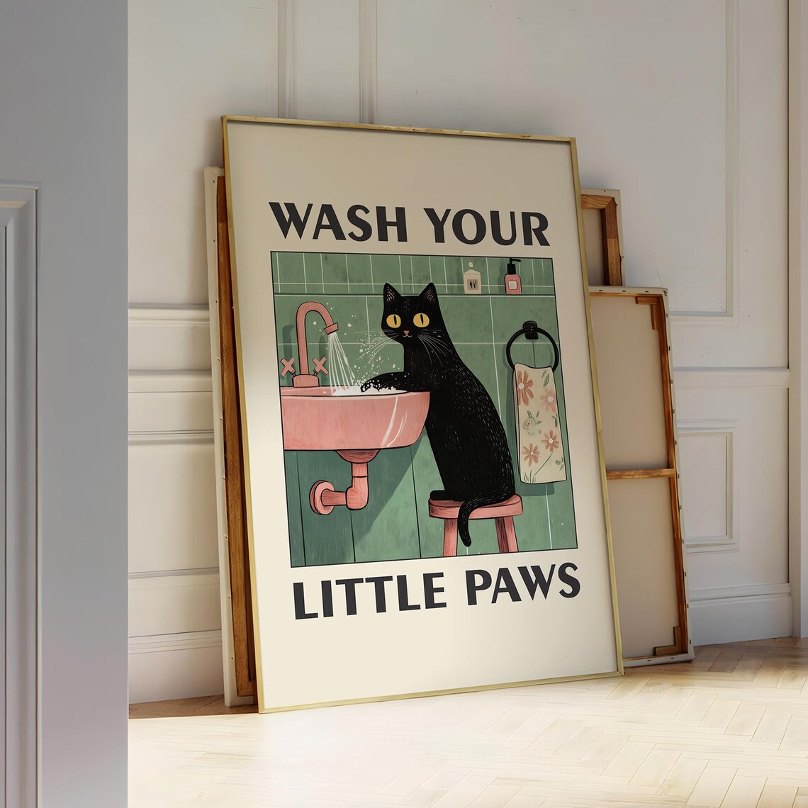 Wash Your Paws Cat Funny Bathroom Art Print