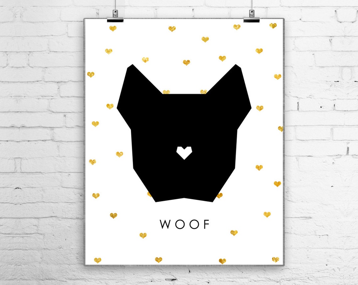 Woof Poster Dog Print Geometric Animals Black And White Modern Home Decor Nursery Print Art Heart Doggie Print Golden Art Gold - Image 2