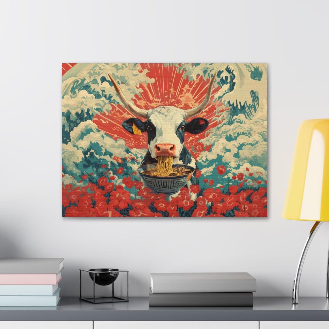 Cow Eating Ramen Japanese Rising Sun Wave Art Bold Red Floral Poster - Image 2
