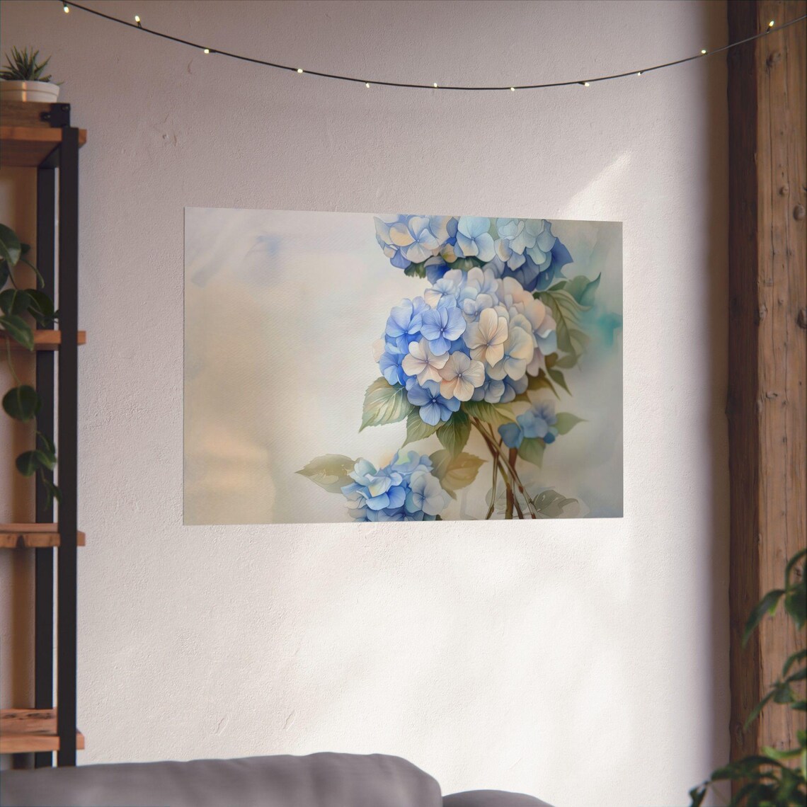Sky Blue Hydrangea Watercolor Blossom Cluster Botanical Poster - Image 2