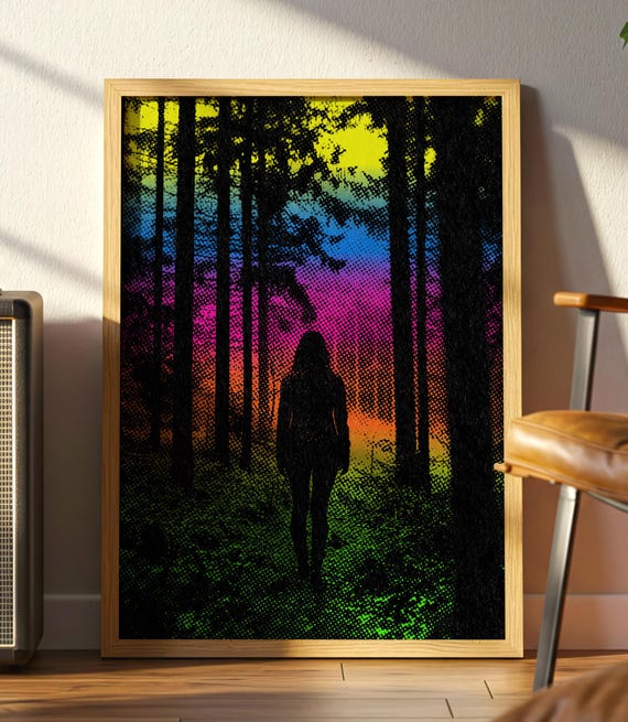 Into The Spectrum Woods Vibrant Psychedelic Forest Trippy Wall Art Silhouette Premium Matte Poster