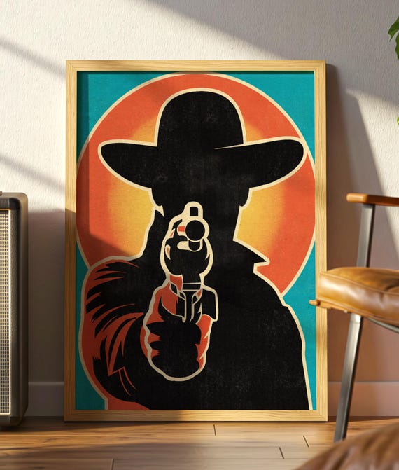 Retro Cowboy Poster Bold Western Gunfighter Vintage Comic Style Wild West Sunset Premium Matte Paper