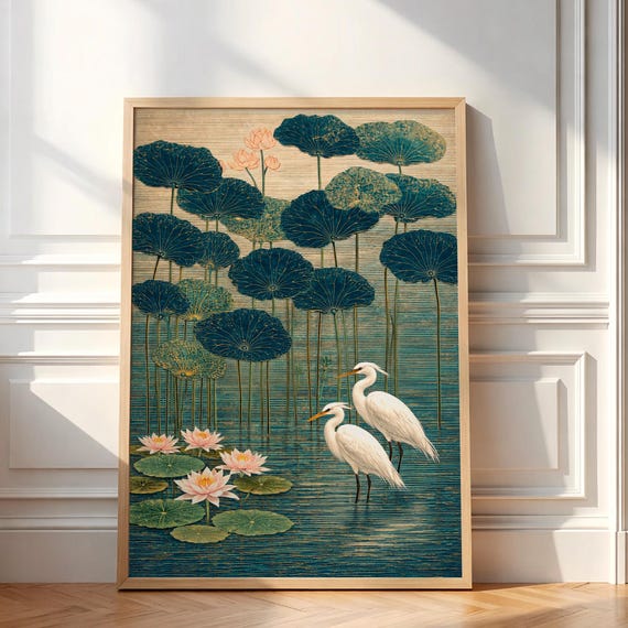 White Egrets Lotus Flowers Poster Vintage Japanese Style Wall Art Chinoiserie Pond Decor Oriental Bird Print Asian Botanical Gift