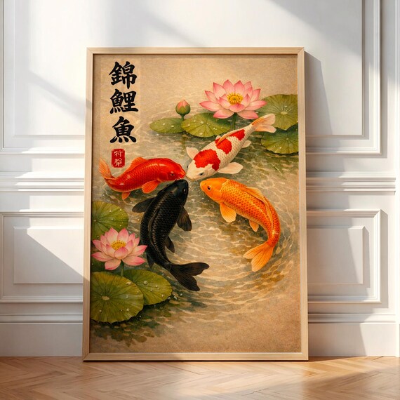 Japanese Koi Fish Wall Art Print Traditional Asian Lotus Pond Artwork Zen Feng Shui Home Decor Vintage Style Poster Calming Nature