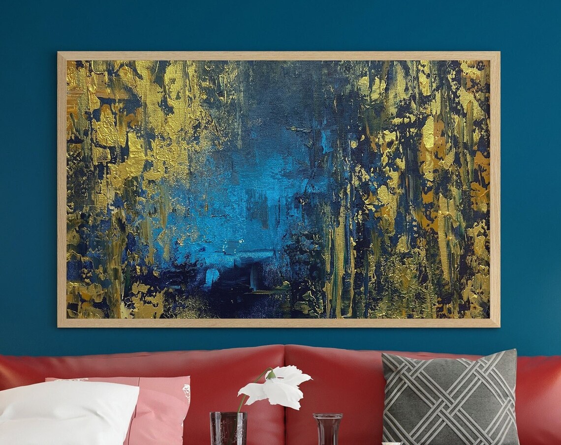 Gold Textured With Blue Base Abstract Artwork