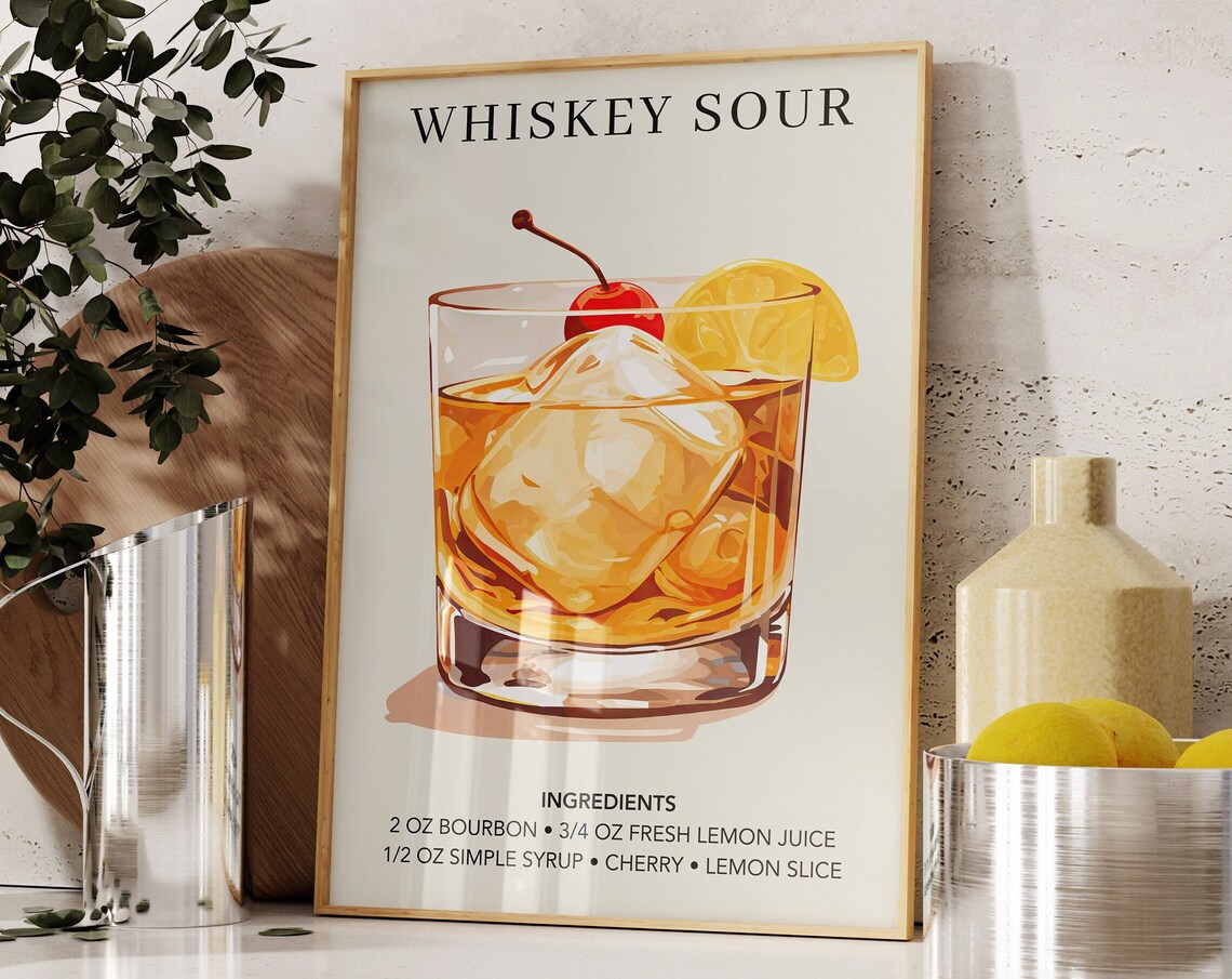 Whiskey Sour Retro Watercolor Cocktail Art Print