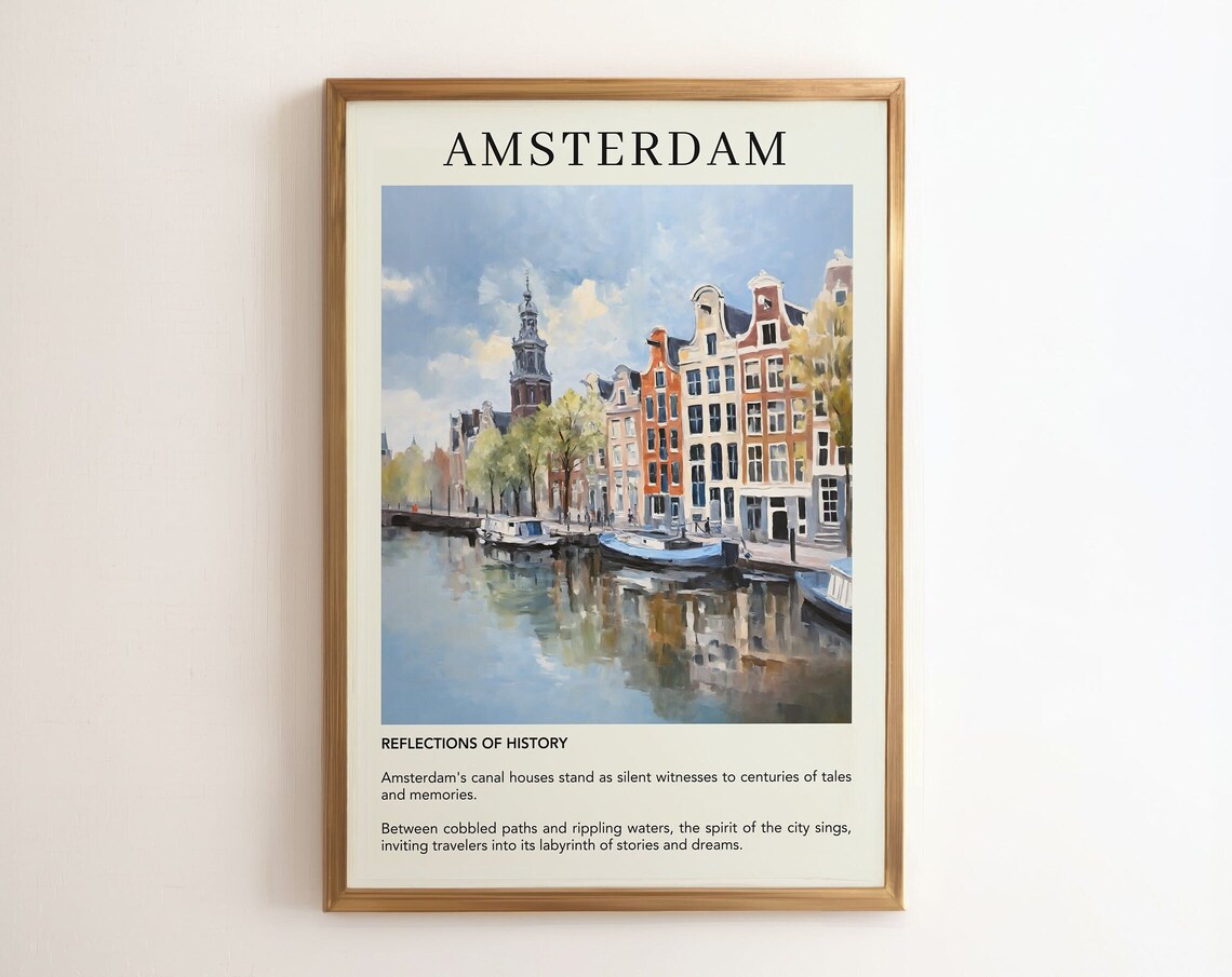 Amsterdam Canal Houses Oil Painting Reflections Travel Poster