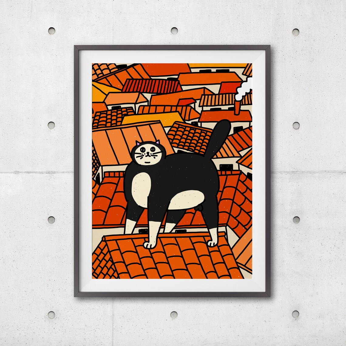 Black Cat on Terracotta Rooftops Whimsical Orange City Poster - Image 3