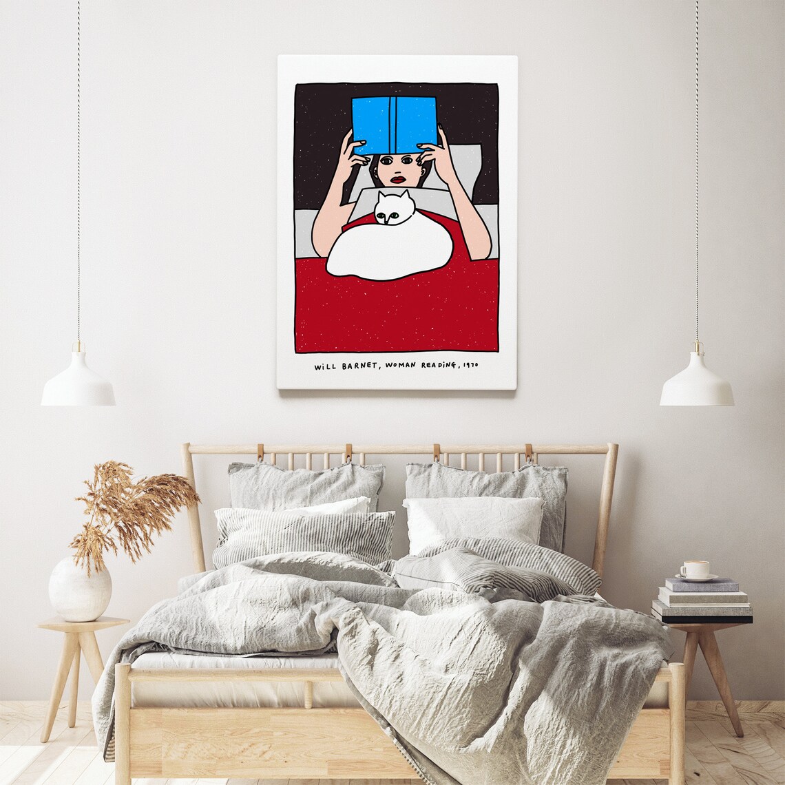 Will Barnet Woman Reading 1970 Cozy Cat in Bed Illustration Poster - Image 2