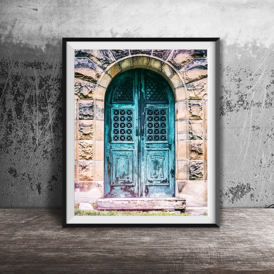 Ornate Teal Metal Mausoleum Doors In Weathered Stone Archway Poster