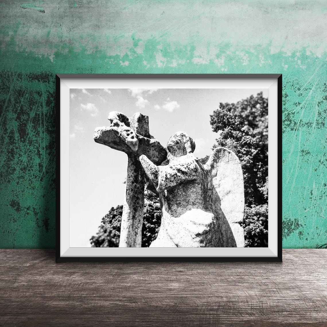 Stone Angel Hugging Cross Cemetery Sculpture Photography Poster - Image 2
