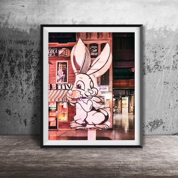Giant Bunny Eating Burger Statue Sign Funny Animal Photo Poster