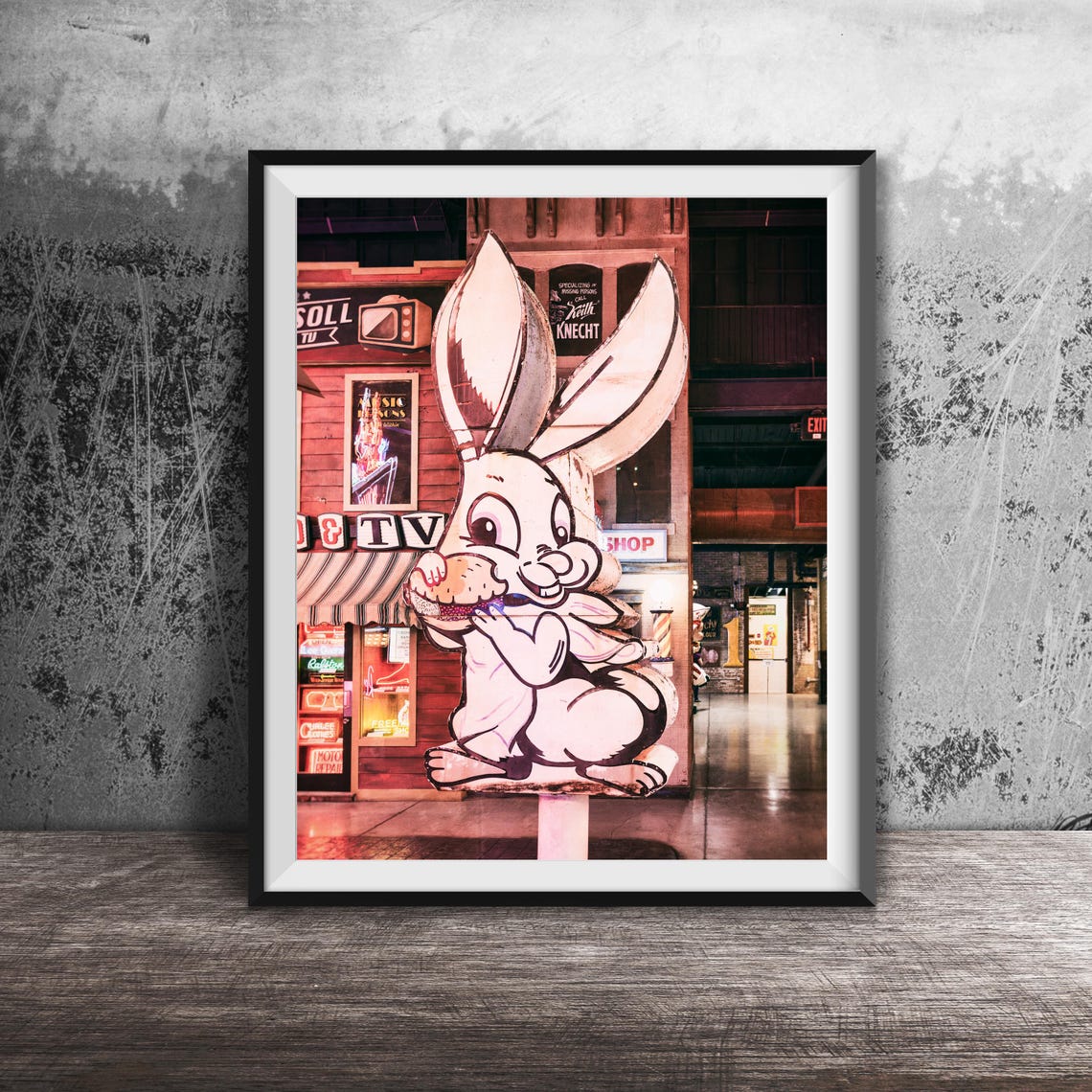 Giant Bunny Eating Burger Statue Sign Funny Animal Photo Poster