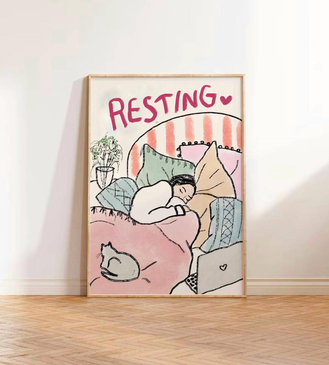 Resting In Bed Cozy Hand Drawn Cat Sleeping Illustration Poster