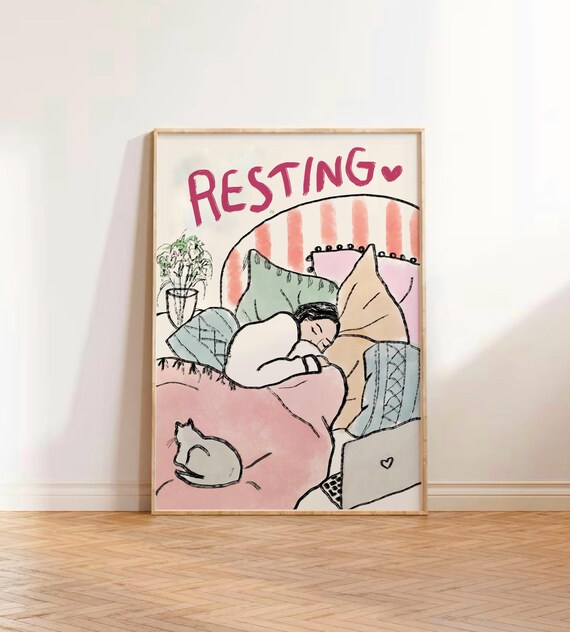 Resting Sketch Art Print Girl Sleeping In Bed Colorful Illustration Hand Drawn Cozy Rested Poster Cute Cat Print Girl Dorm Room Decor