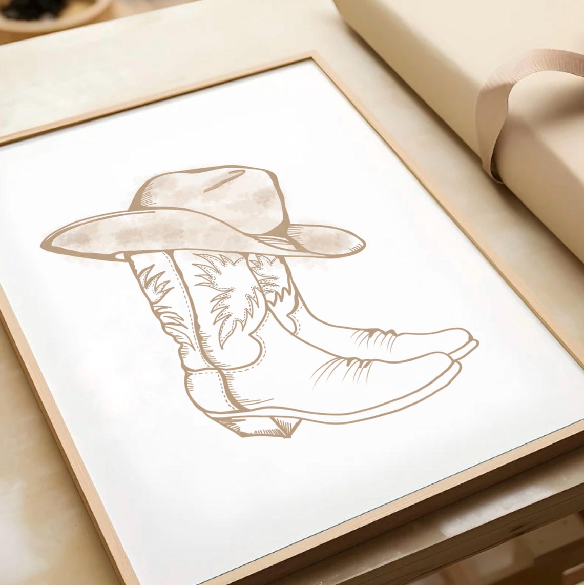 Cowboy Boots Hat Beige Line Art Western Minimalist Decor Poster - Image 3