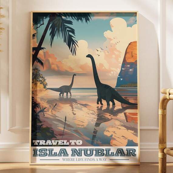 Brachiosaurus Dinosaur Travel Poster Isla Nublar Tropical Sunset Wall Art Digital Download