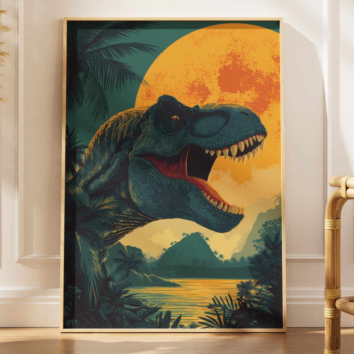 Retro Trex Moon Poster, Dinosaur Island Night Sky