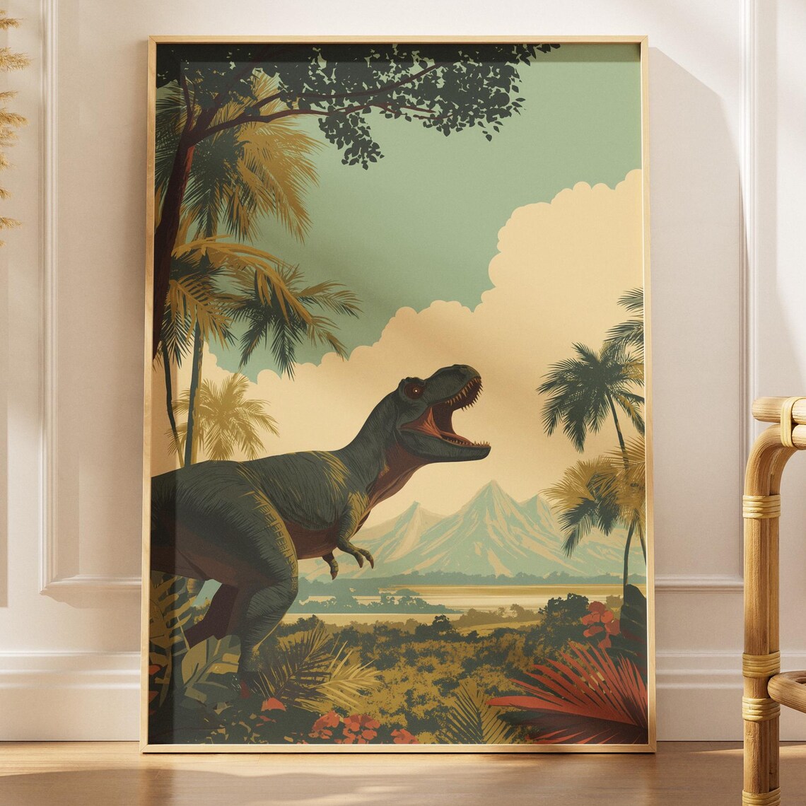 Trex Jungle Volcano Retro Dinosaur Poster