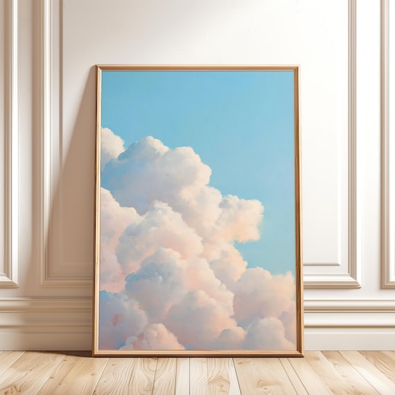 Pink and Blue Fluffy Clouds Painting Soft Sky Nursery Wall Art