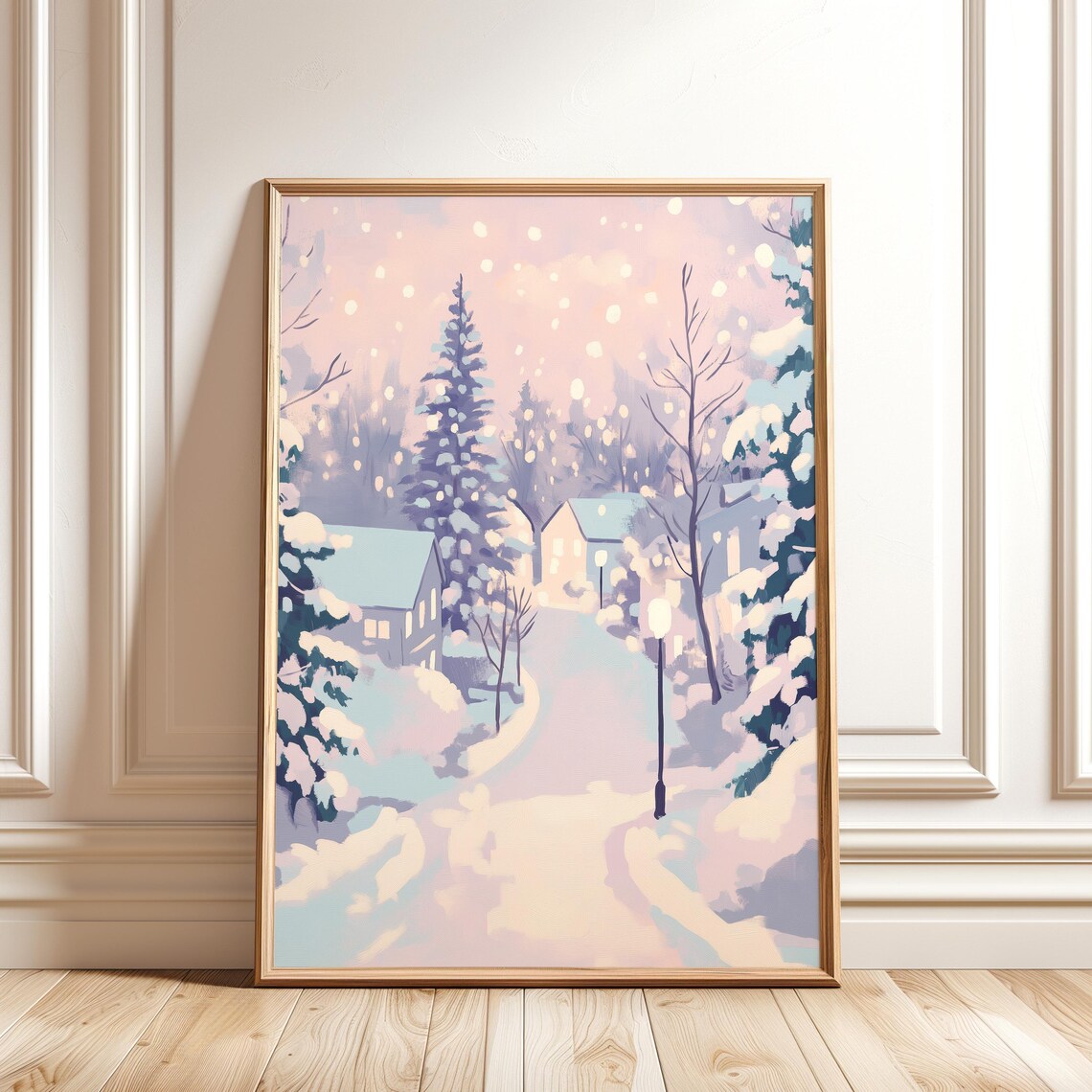 Winter Pastel Village Painting, Christmas Landscape