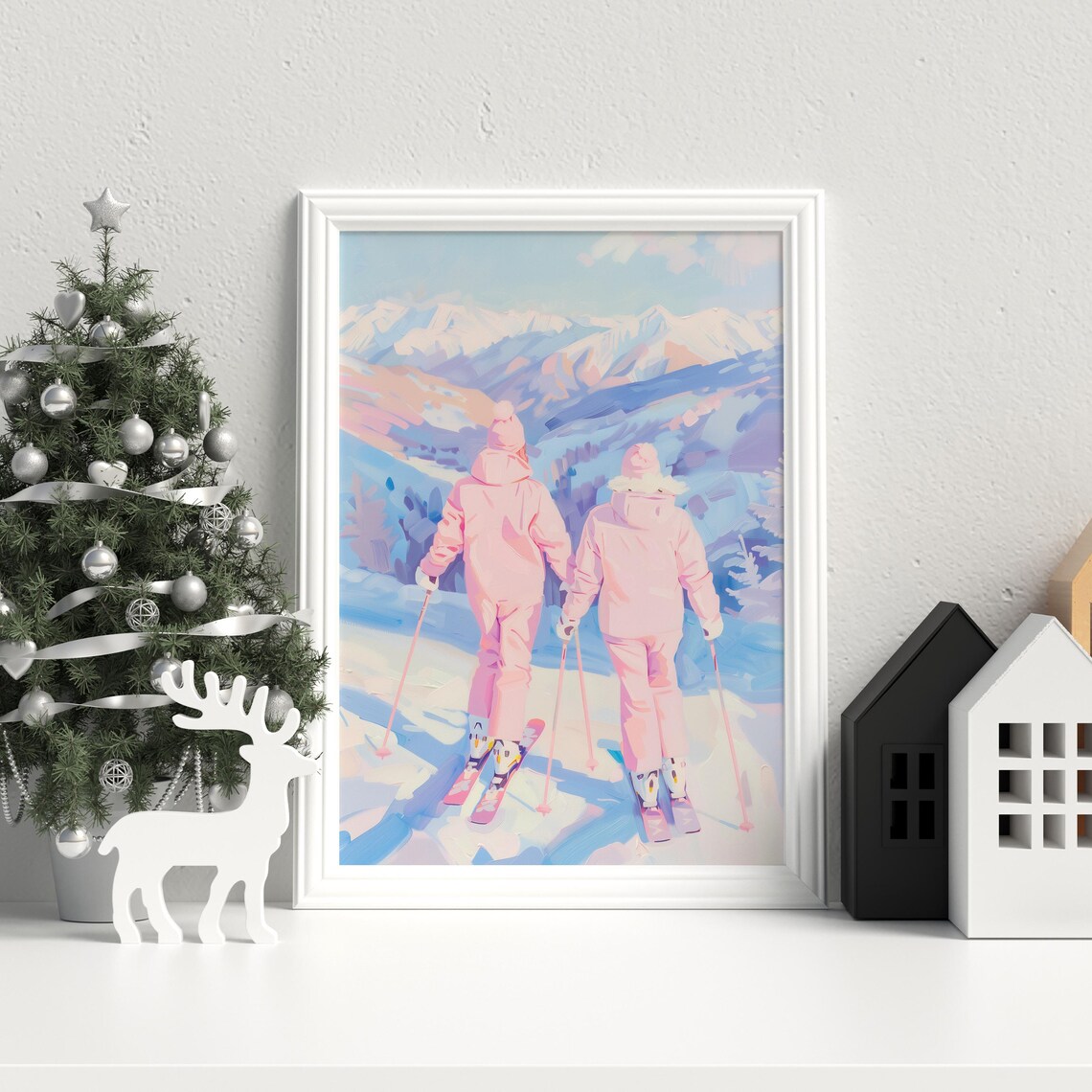 Pastel Skiing Adventure Painting, Winter Mountain Scene - Image 2