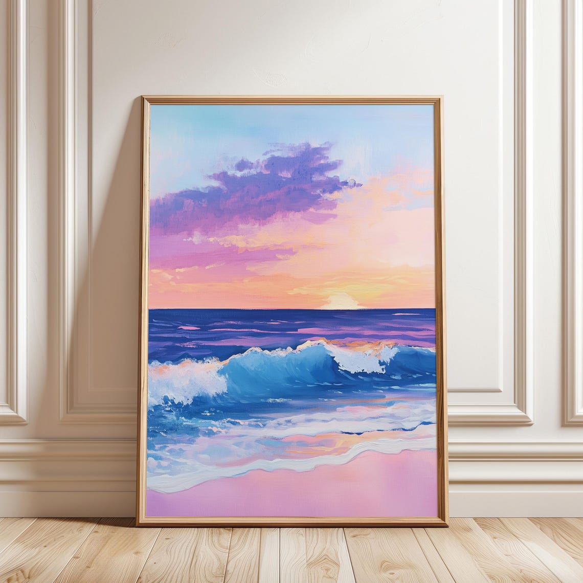 Pastel Ocean Sunset Painting Pink Purple Waves Beach Sky Art Poster