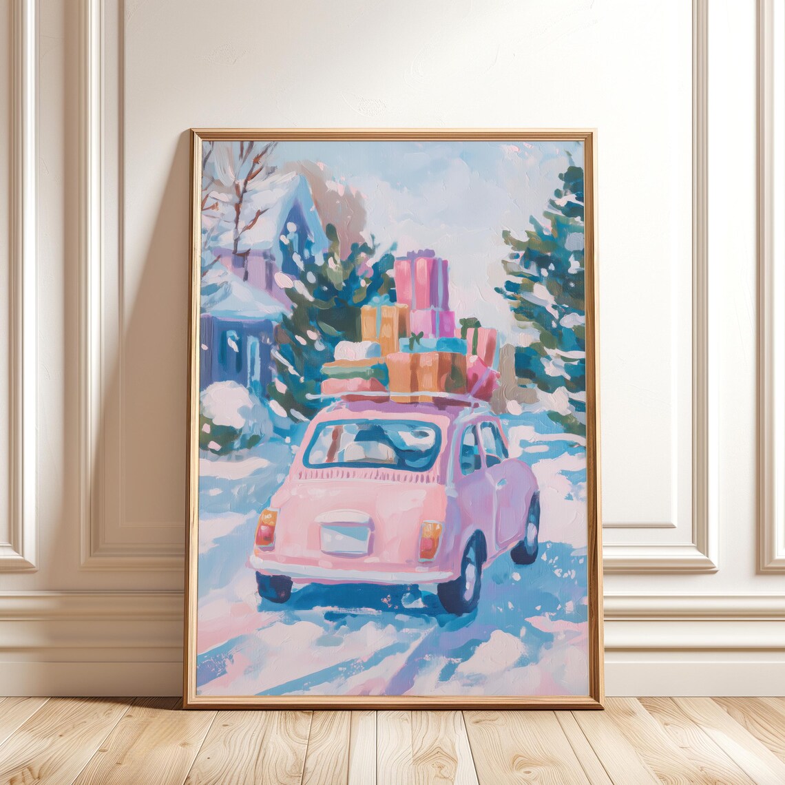 Pink Christmas Car Loaded Gifts Snowy Street Festive Holiday Art Poster