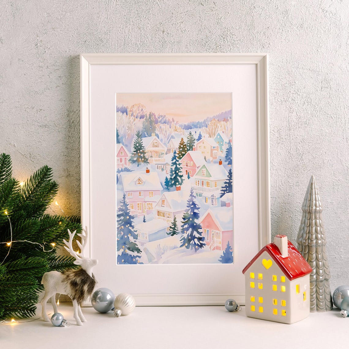 Pastel Christmas Winter Village, Holiday Art Print - Image 4