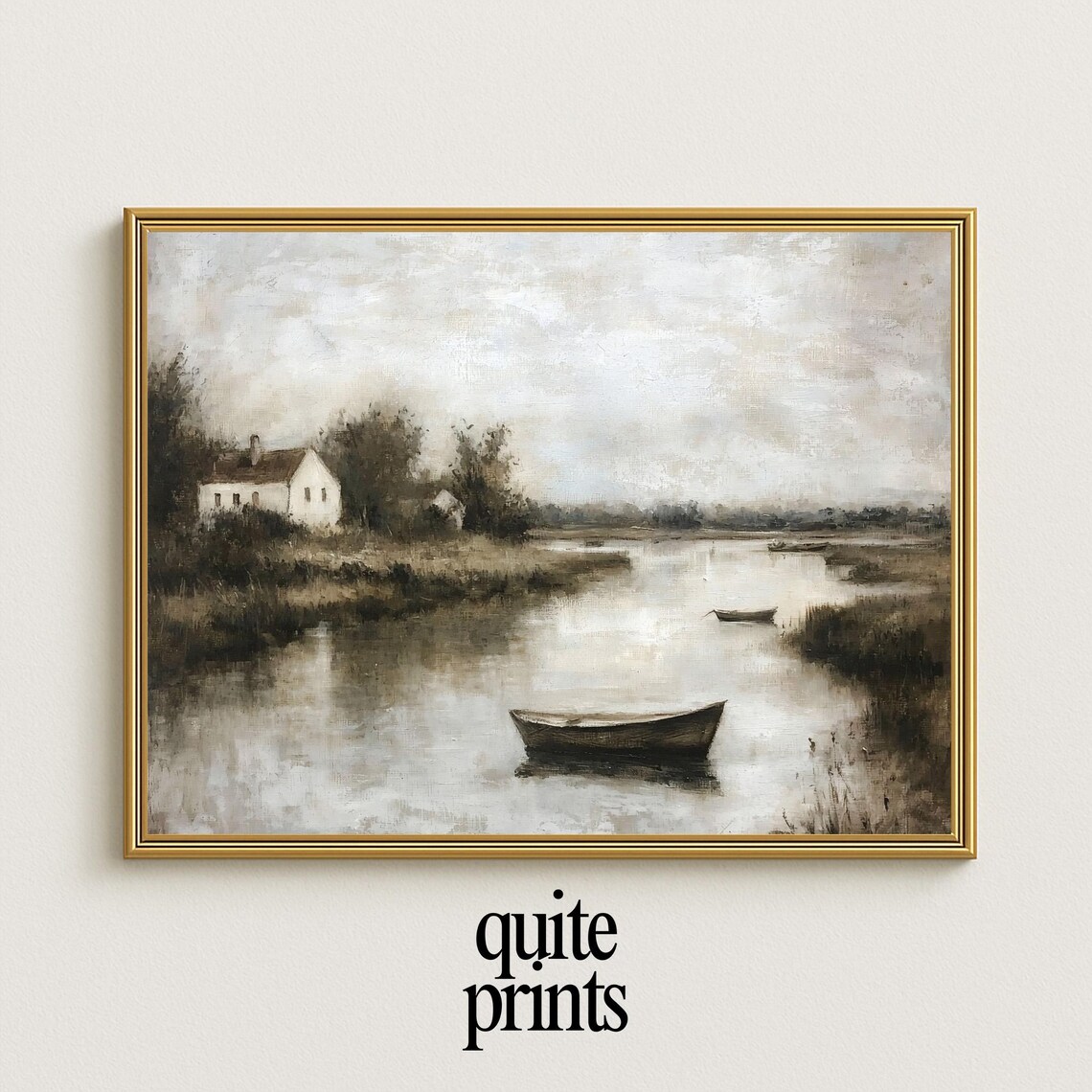 Lakeside Cottage Poster Rowboat Calm Water Neutral Landscape Art