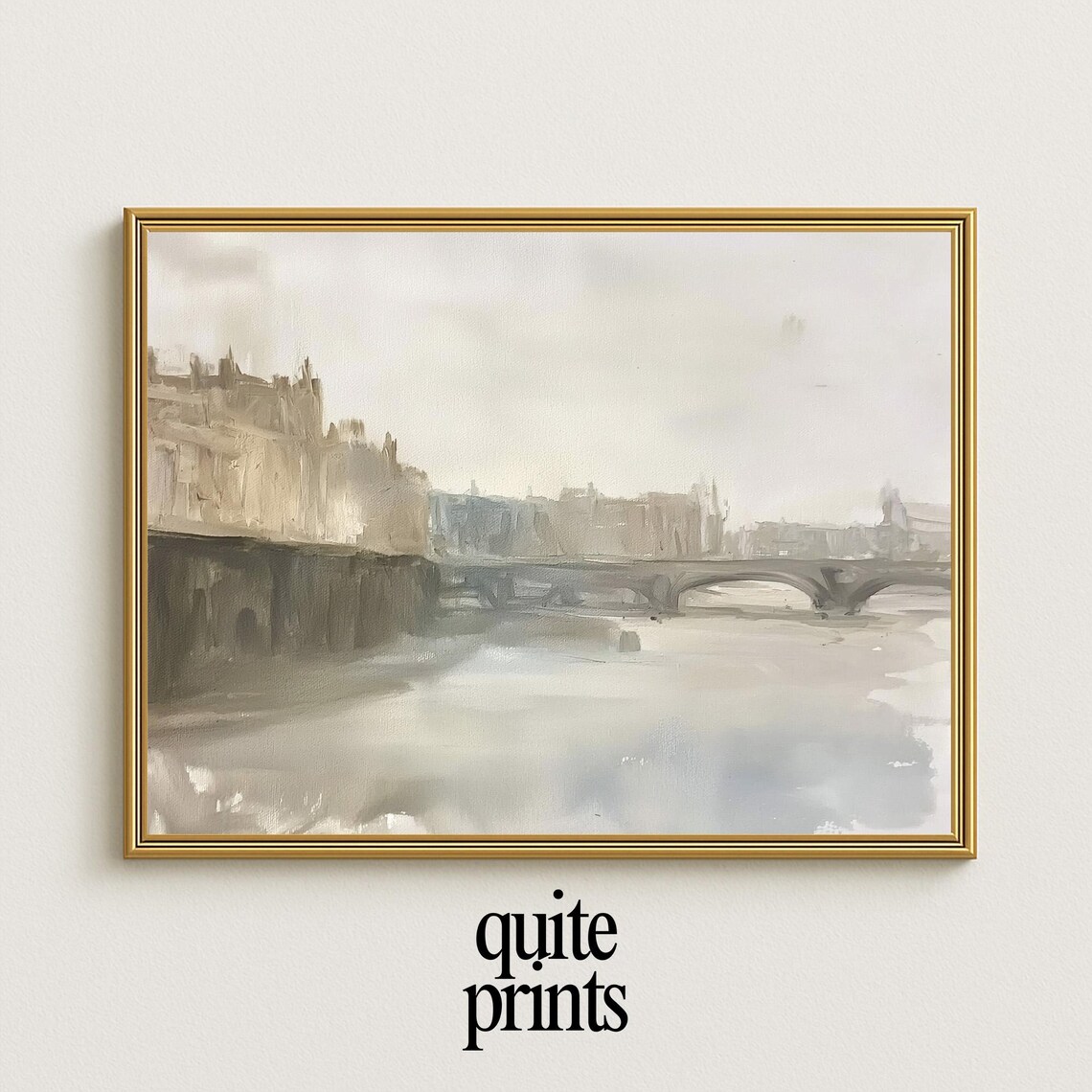 Vintage European Bridge Over River Hazy Old Cityscape Painting Poster