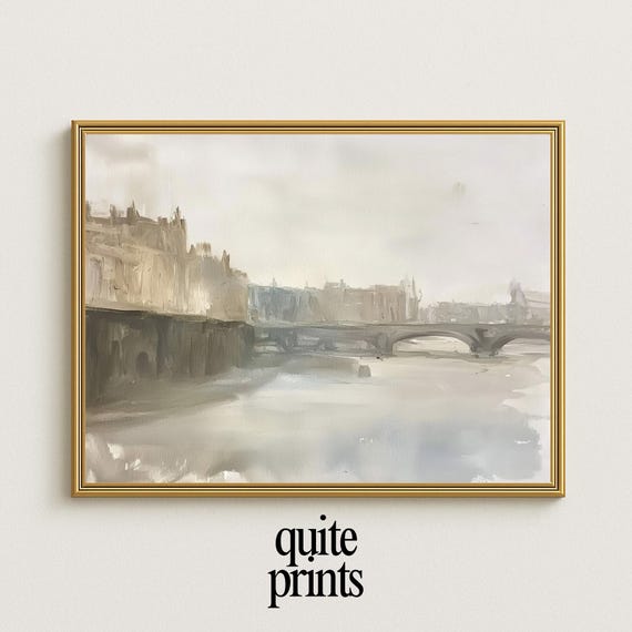 Vintage European Bridge Watercolor Minimalist Wall Art Print Neutral River Scene Painting Decor Gift