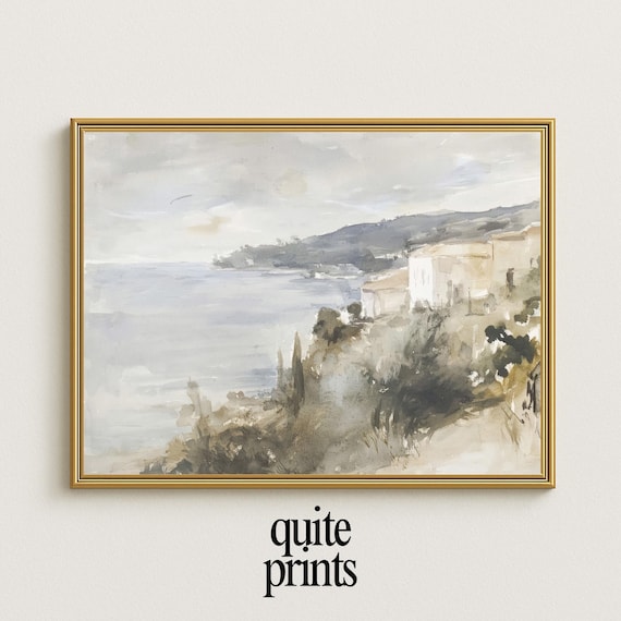 Mediterranean Cliffside Village Sea Mist Cypress Trees Soft Watercolor Coastal Poster