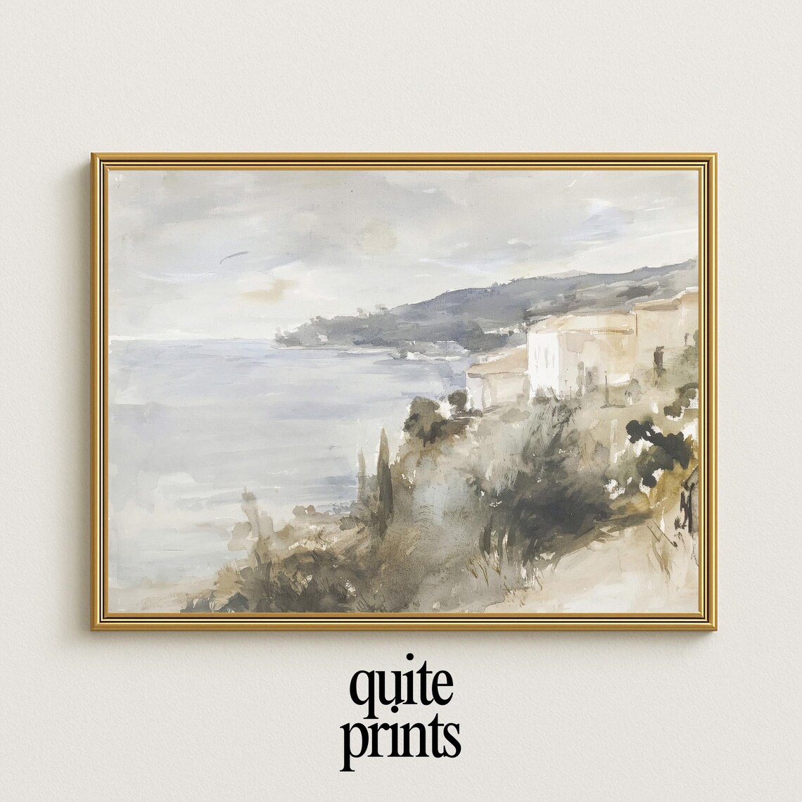 Mediterranean Cliffside Village Sea Mist Cypress Trees Soft Watercolor Coastal Poster