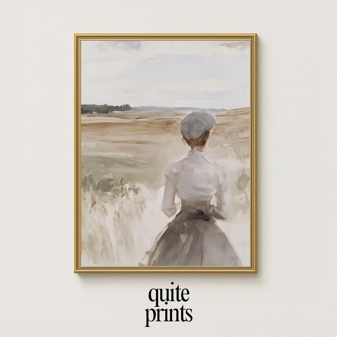 Woman in Vintage Dress Overlooking Fields Muted Neutral Art Poster