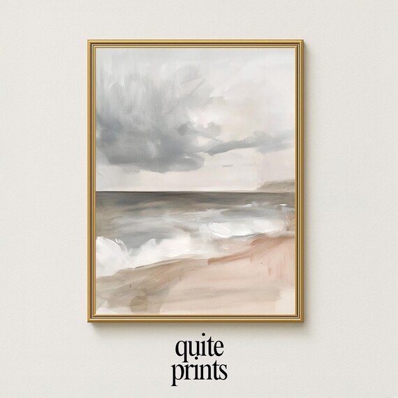 Stormy Beach Waves Watercolor Moody Gray Ocean Clouds Seascape Poster