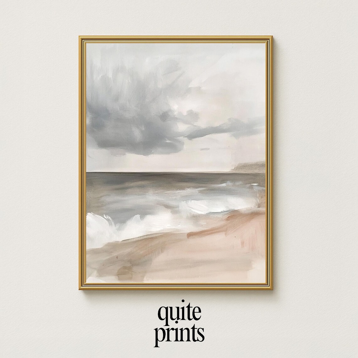 Stormy Beach Waves Watercolor Moody Gray Ocean Clouds Seascape Poster