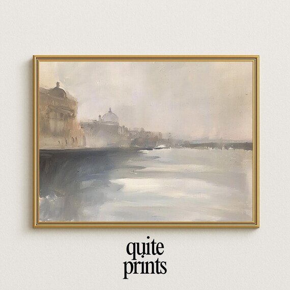 Muted Cityscape River Painting Domed Rooftop Morning Haze Poster