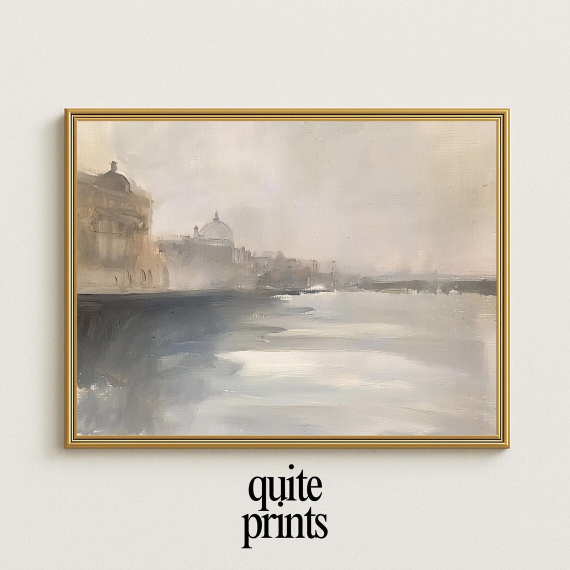 Muted Cityscape River Painting Domed Rooftop Morning Haze Poster