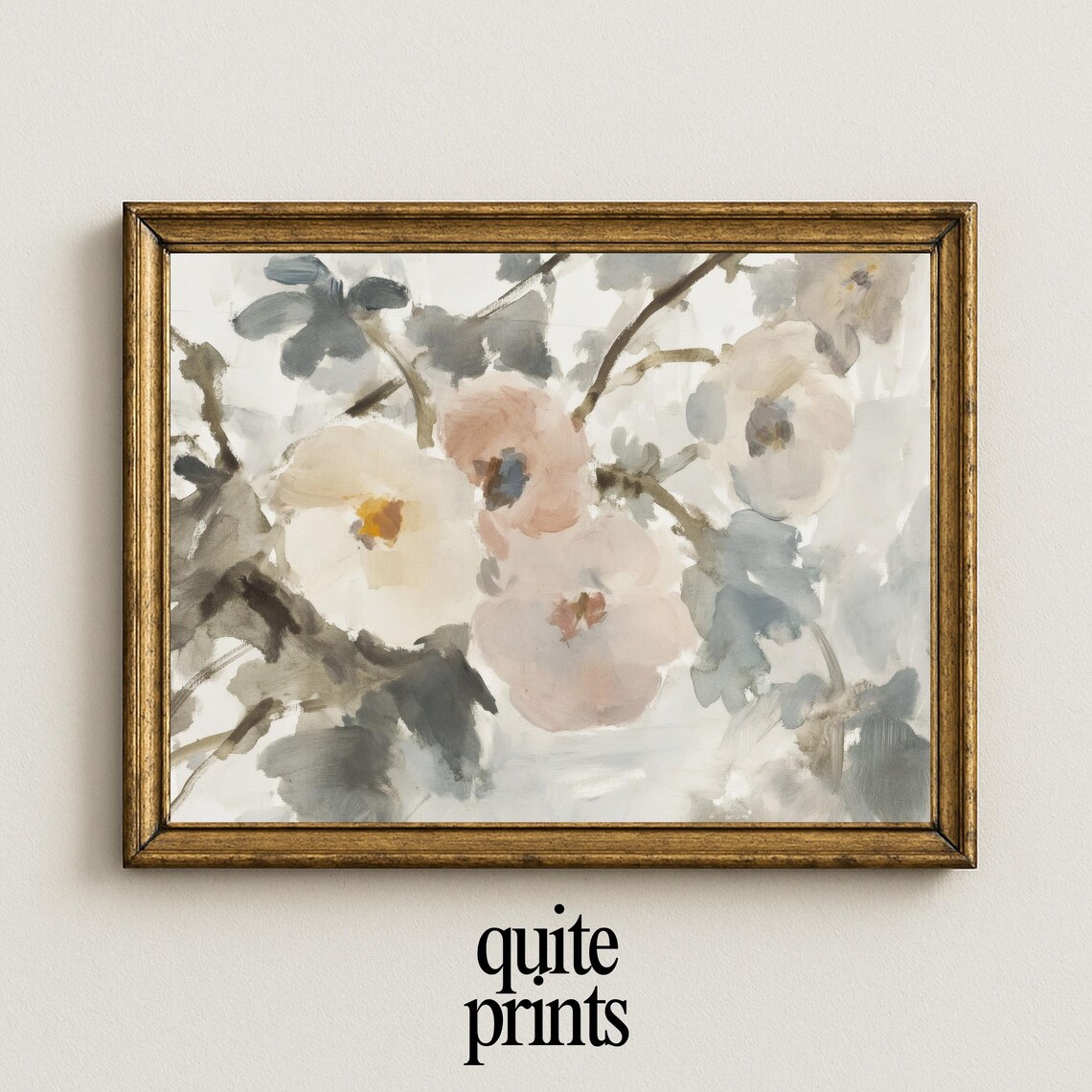 Blush Wildflowers Gray Leaves Loose Neutral Watercolor Floral Poster