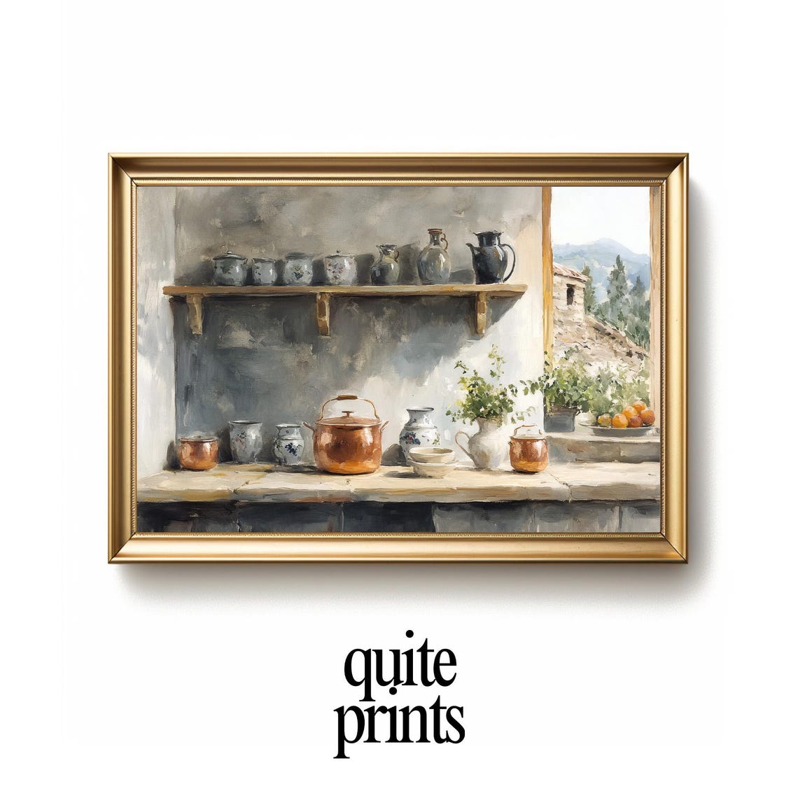 Mediterranean Kitchen Still Life Copper Pots Ceramics Vintage Poster