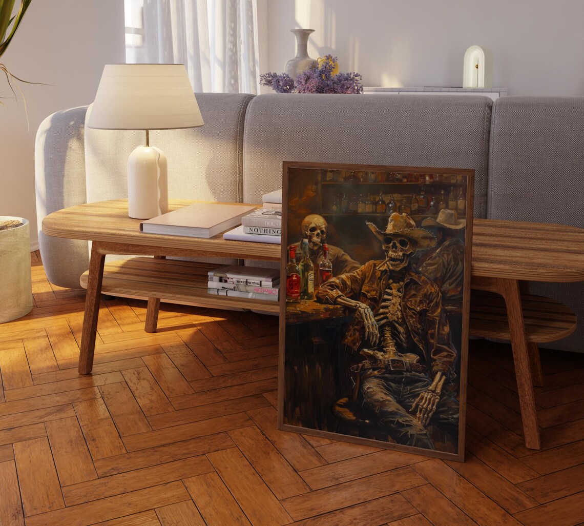 Skeleton Cowboy in a Bar, Western Oil Painting Print - Image 2