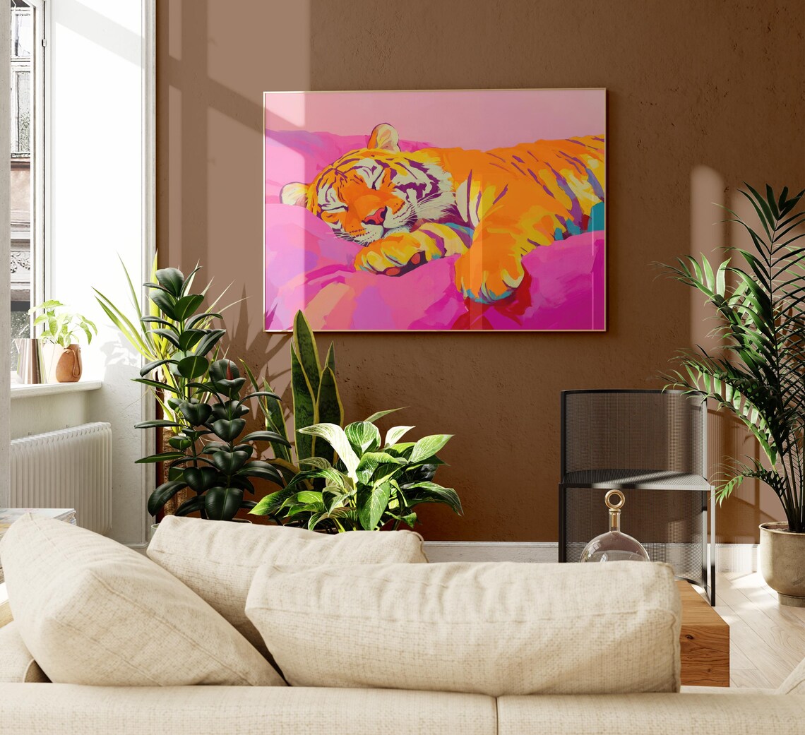 Sleeping Tiger On Pink Bed Front Paw Colorful Maximalist Poster - Image 2