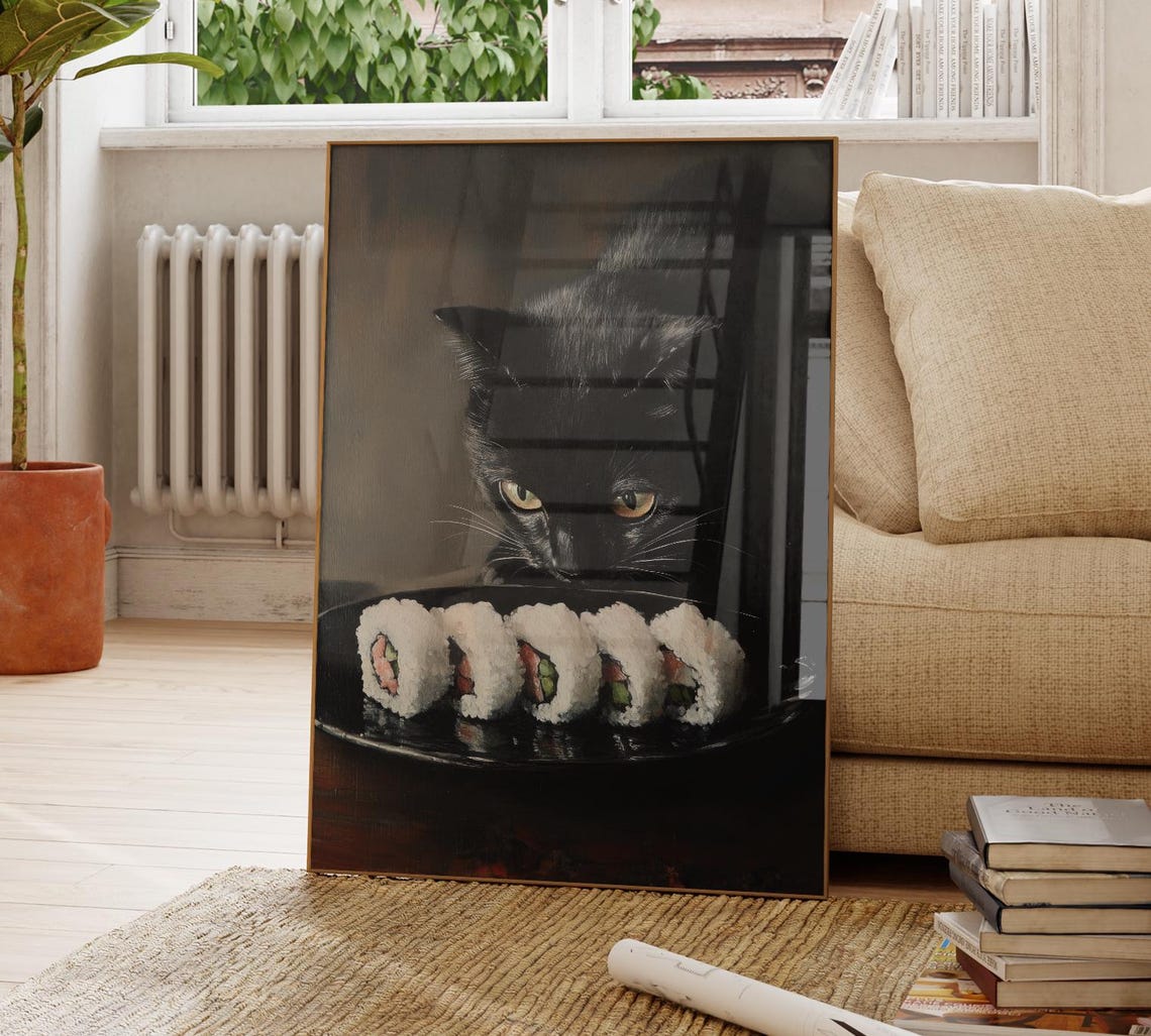 Black Cat Sushi Oil Painting Print Tokyo Art Print Oishii Cat Print Delicious Japanese Food Art Kitchen Wall Art Sushi Art Bcs4 - Image 4