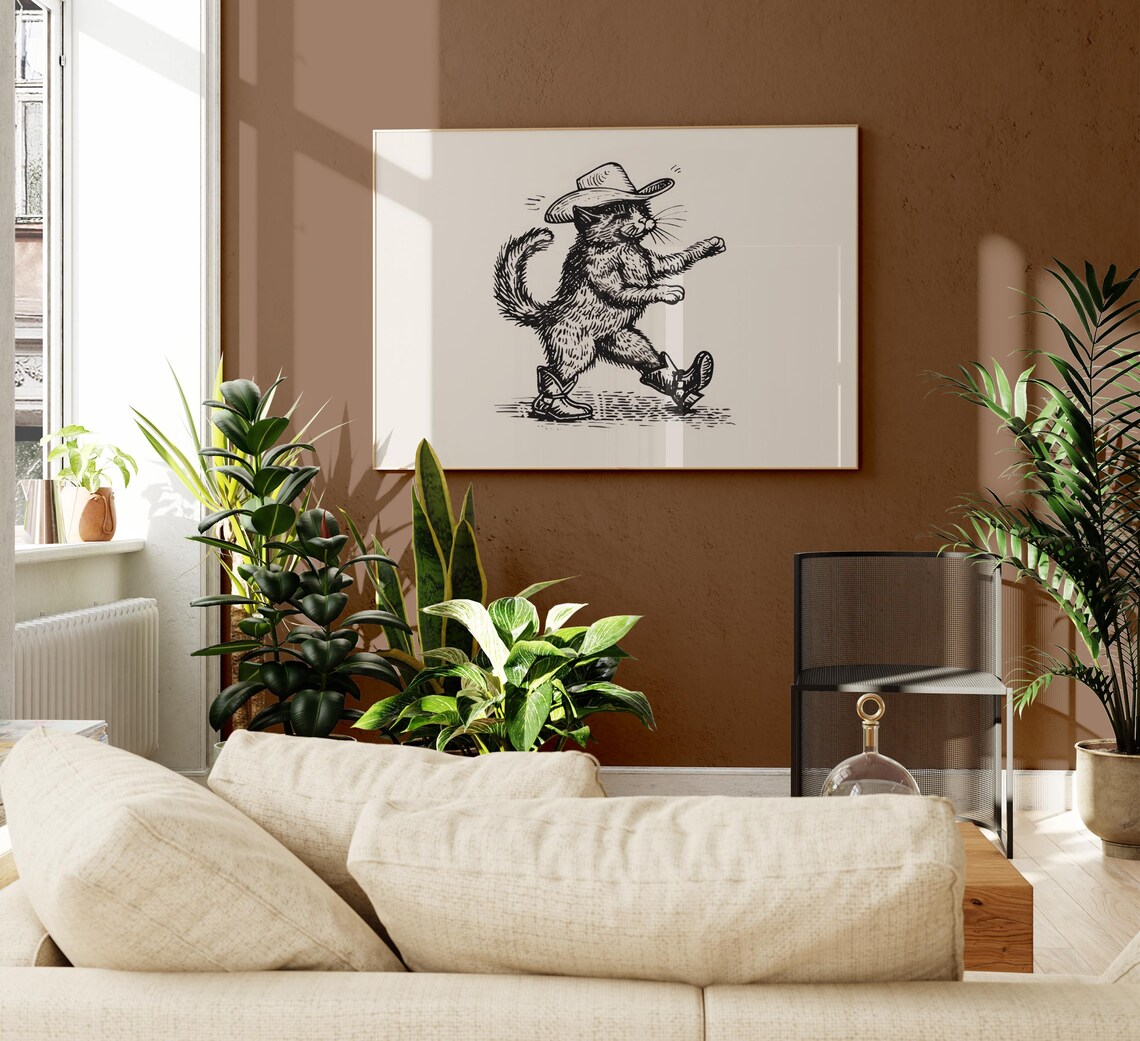 Marching Cowboy Cat Walking Sketch Western Boots And Hat Poster - Image 2