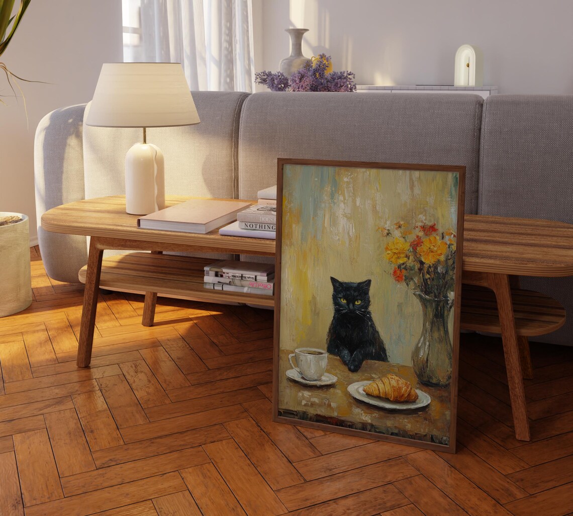 Black Cat Waiting at a Cozy French Cafe Table with Coffee Print - Image 2